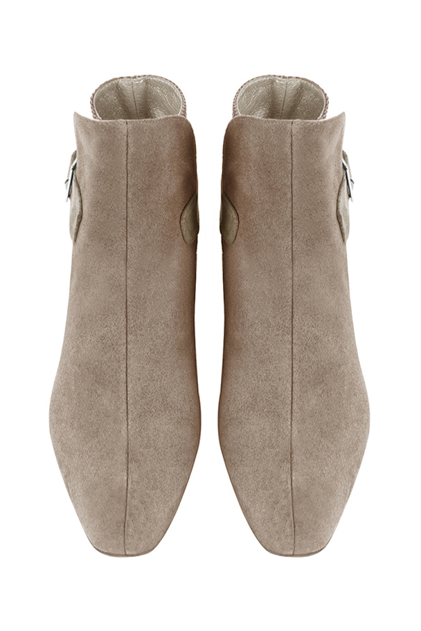 Tan beige women's ankle boots with buckles at the back. Square toe. Medium block heels. Top view - Florence KOOIJMAN